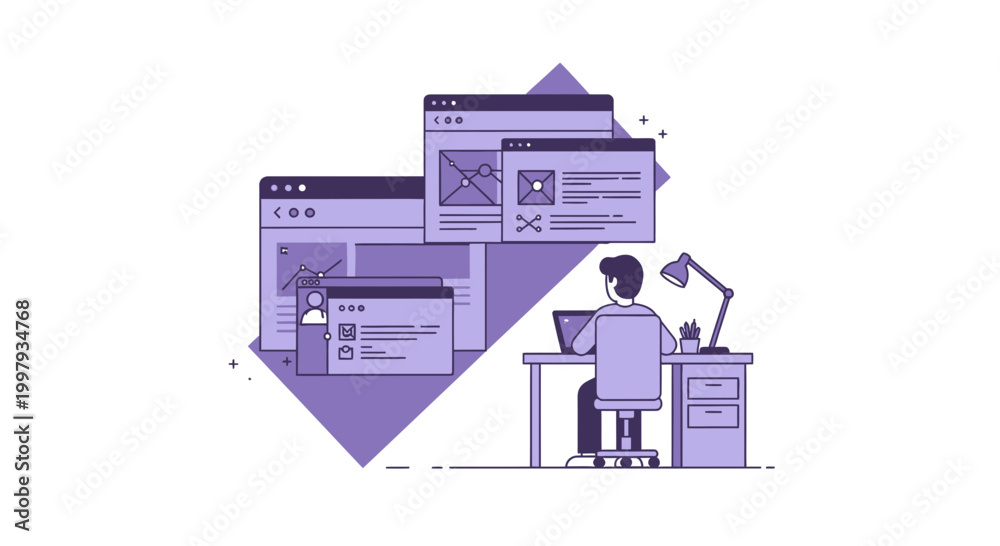 Naklejka premium Man working on computer with web design elements illustration