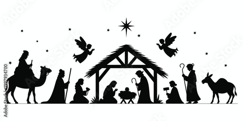 Nativity scene silhouette with camels angels and star