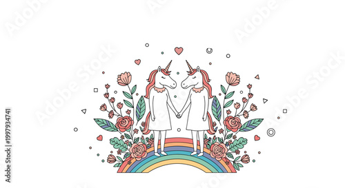 Magical unicorns hold hands while standing on a vibrant rainbow surrounded by decorative floral arrangements and hearts.