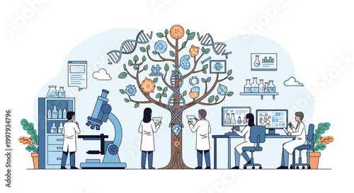 Team of researchers in white coats study biological data around a large tree integrated with DNA helix structures.