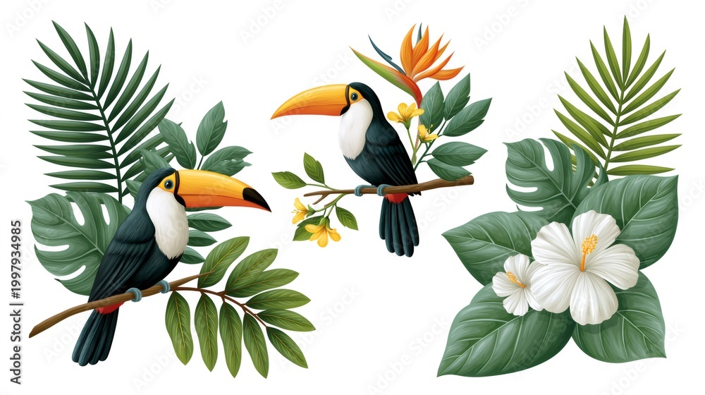 Fototapeta premium Tropical toucans sitting on branches with exotic flowers