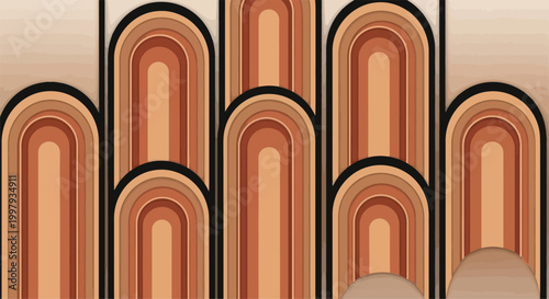 Vibrant retro style abstract arch pattern with warm orange hues and black outlines for design projects needing bohemian flair