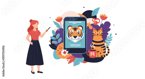 Woman uses her smartphone to view a tiger illustration while surrounded by colorful abstract floral and leaf shapes.