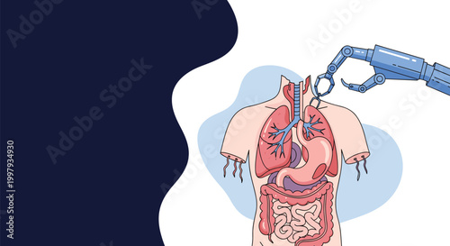 Futuristic robotic arm performs a precise medical procedure on a human torso showing internal organs like lungs and stomach.
