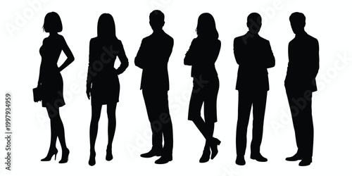 Six black silhouettes of people in business attire