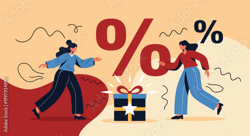 Two women run enthusiastically toward a large gift box with red percentage signs floating in the air for a sale event.