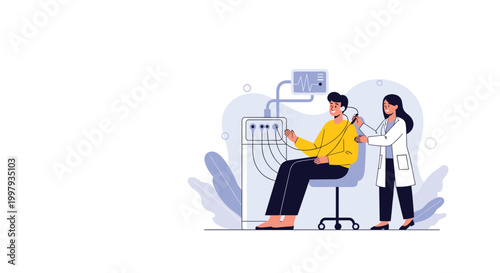 Medical professional conducts a diagnostic test on a patient using electronic equipment and sensors in a clinical setting.