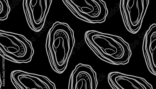 Oyster Seamless Pattern. Handdrawn Shell Seafood Illustration. Marine Coastal Background for Packaging Textile Design