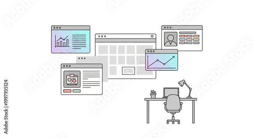 Modern workspace illustration with computer and website windows display
