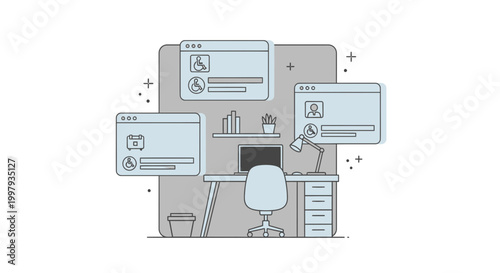 Modern workspace illustration with computer and user interface elements