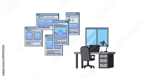 Modern workspace illustration with computer screen and multiple webpage displays