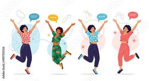 Four cheerful women jump into the air with excitement and speech bubbles to express their happiness and success together.