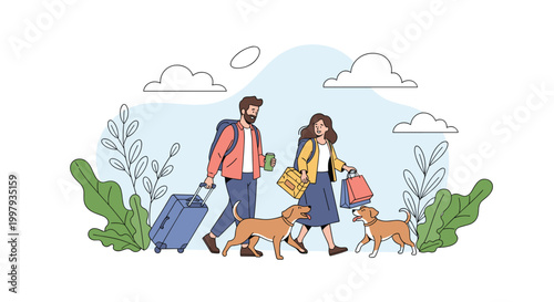 Happy couple walks together with their two dogs while carrying suitcases and shopping bags during a fun vacation trip.