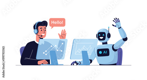 Human office worker and an artificial intelligence robot work side by side at computer desks while greeting each other.