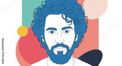 Portrait of a young man with bright blue curly hair and a matching beard over a colorful abstract background pattern.