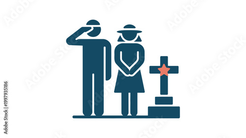 Mourning couple at a grave with a cross, memorial scene showing sadness loss and respect with simple cross gravestone clean vector illustration.