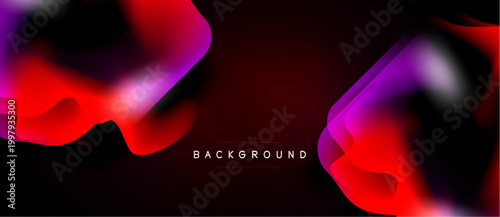 Abstract fluid shapes, vibrant red, purple hues dominate dark background. Modern design element, perfect banner or wallpaper.