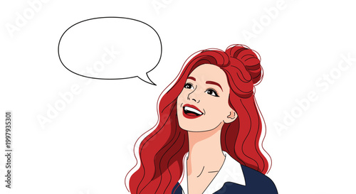Beautiful woman with long red hair looks up with a smile and a blank speech bubble above her head for text.