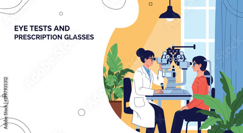 Optometrist performs an eye examination on a patient using a phoropter in a professional clinic with indoor plants.