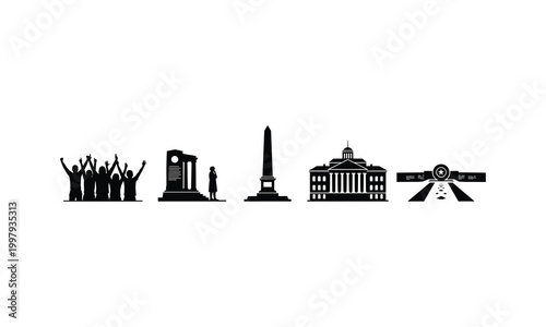 Black and white icons of democracy and freedom symbols
