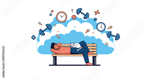 Man takes a relaxing nap on a park bench with a cat while dreaming of fitness goals and healthy daily routines.