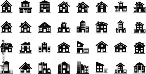 Quadro su tela Large house icons set black silhouette collection various residential buildings