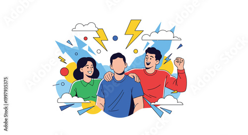 Three friends feel inspired and energized with lightning bolts and abstract shapes symbolizing a sudden burst of creativity.