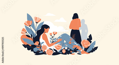 Woman sits peacefully among a field of flowers while silhouettes of other people appear in the background of a dreamscape.