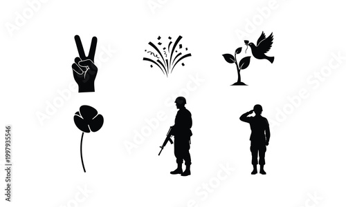 Silhouette icons of peace protest and salute