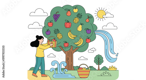 Young woman harvests various fresh fruits from a magical tree that produces apples, grapes, bananas, and pineapples.