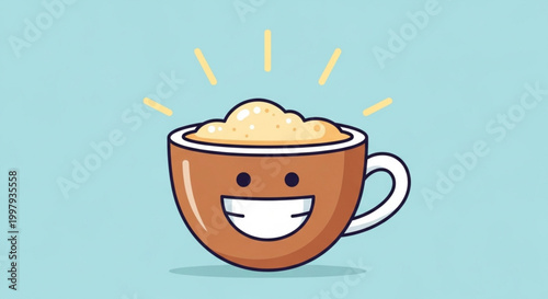 Foto Cartoon coffee cup with a happy face and steam rising on a light blue background
