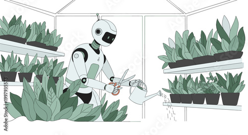 Advanced robot gardener uses tools to water and prune a collection of potted houseplants in a modern greenhouse.