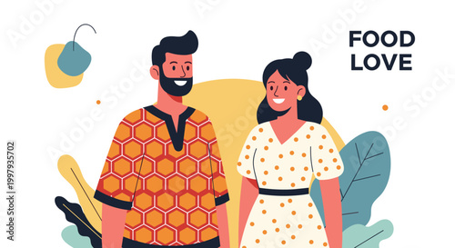 Happy young couple standing together with food love text appearing beside them against a background of abstract organic shapes.