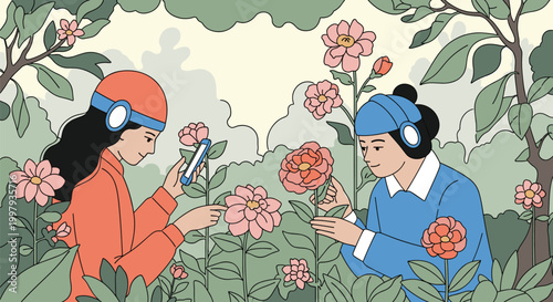 Young women wearing headphones enjoying nature by taking photos of beautiful pink flowers in a peaceful green botanical garden.