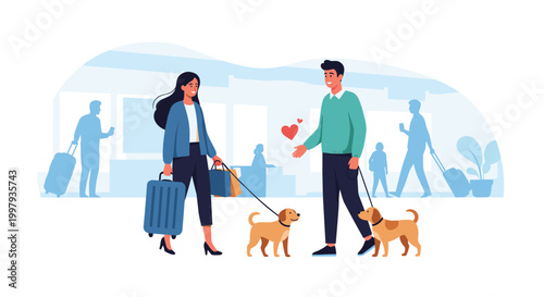 Friendly encounter between man and woman walking their golden retriever dogs in a busy public transit terminal or shopping mall.