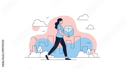 Independent woman carrying an open cardboard box while walking through a stylized city landscape with buildings and clouds.