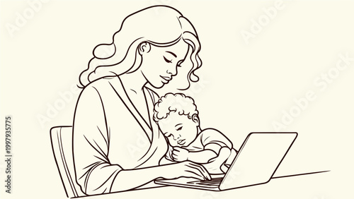 Parent Working at Laptop While Holding Child