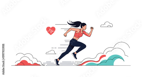 Athletic woman running fast with determination past abstract waves and a red heart icon symbolizing healthy cardiovascular fitness.