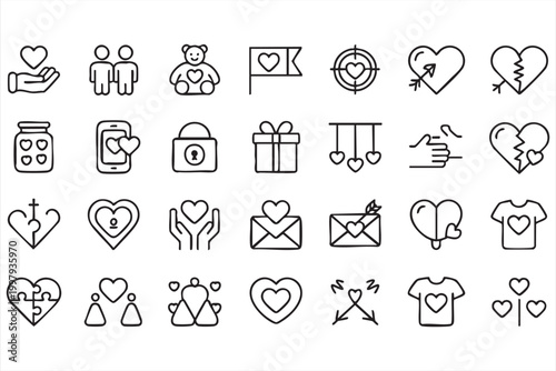 Valentine and relationship icons showing affection gift messaging and romantic concepts
