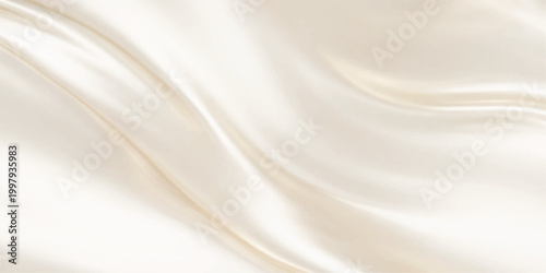 White silk satin fabric background with smooth flowing waves, soft luxurious texture, elegant golden accents, and shiny draped textile pattern design backdrop