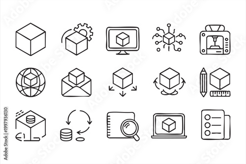 3d design and modeling icons with cube rendering ui tools and engineering systems