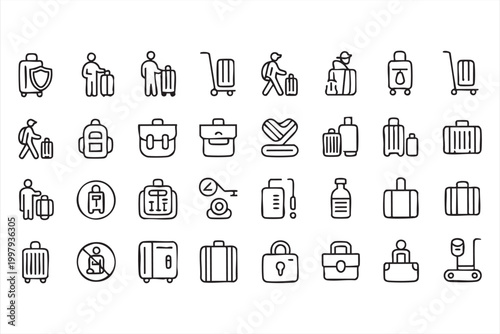 Travel luggage icon set with airport baggage suitcase passport and security elements
