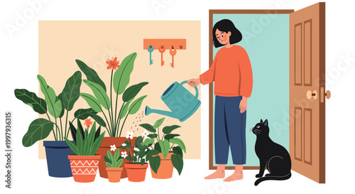 Peaceful scene of a young woman watering her many indoor house plants with a blue watering can while her black cat watches.