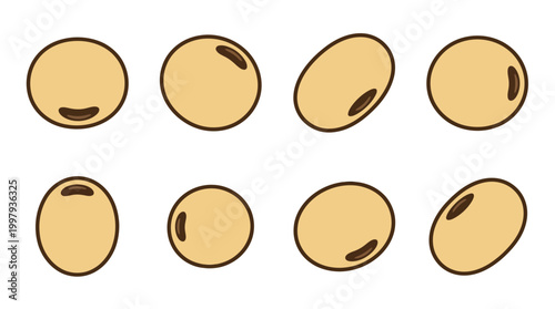 Collection of eight simple cartoon soybeans with varying perspectives and a distinct eye-like marking, perfect for illustrations.