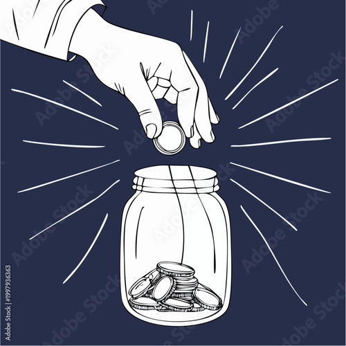Hand dropping coin into a glass jar symbolizing savings and financial growth.