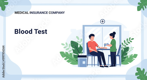 Professional nurse taking a blood sample from a male patient in a clean clinic setting for medical insurance company testing.