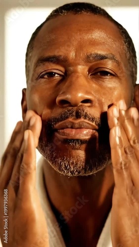 Mature African American Man Enjoying Daily Skincare Routine