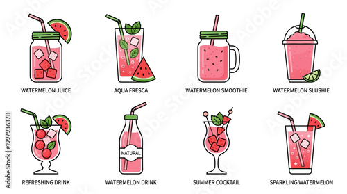 A collection of fresh watermelon drinks including juices, smoothies, slushies, and cocktails served in various glass types for a healthy summer diet menu.