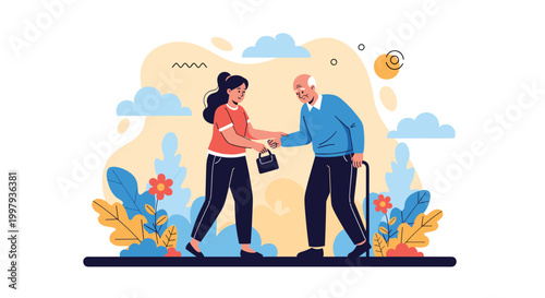 Compassionate young woman assisting an elderly man with a cane as they walk together through a bright and colorful garden.