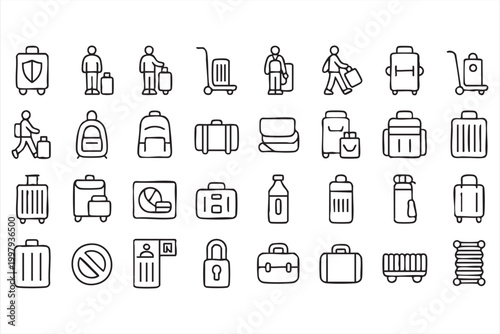 Luggage and travel icons for airport checkin security boarding and journey visuals